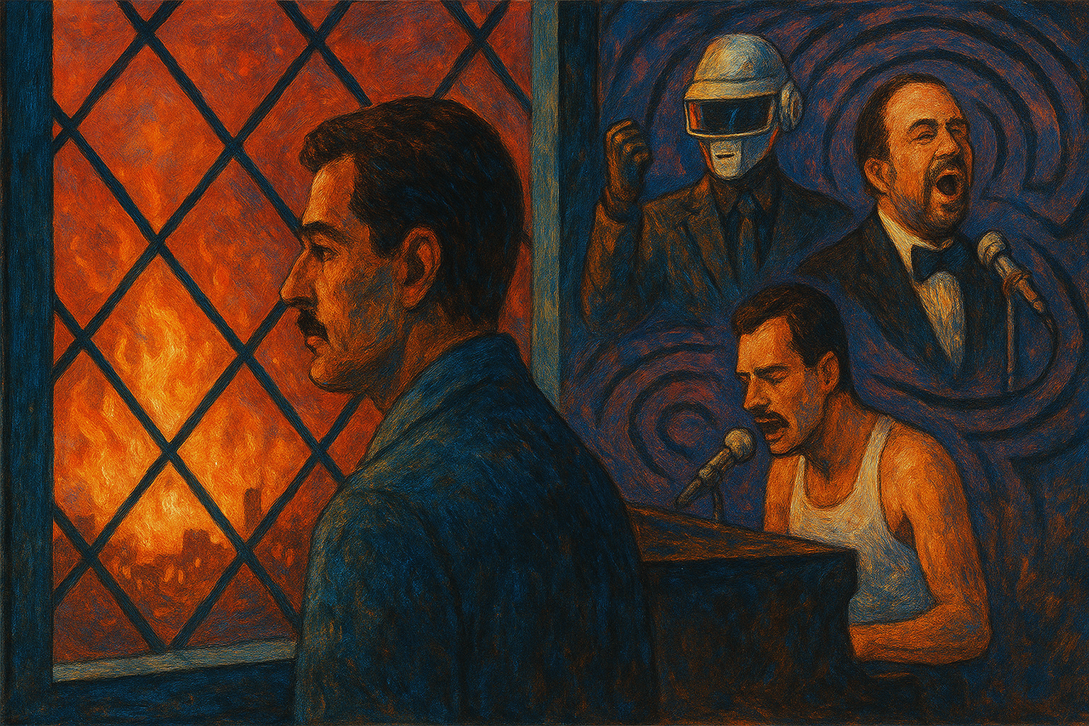 Ilustración expresiva de un hombre mirando un incendio a través de una ventana con rejas, mientras los rostros de Pavarotti, Daft Punk y Freddie Mercury emergen en el aire a su espalda, como evocaciones íntimas de conciertos que nunca pudo presenciar.
